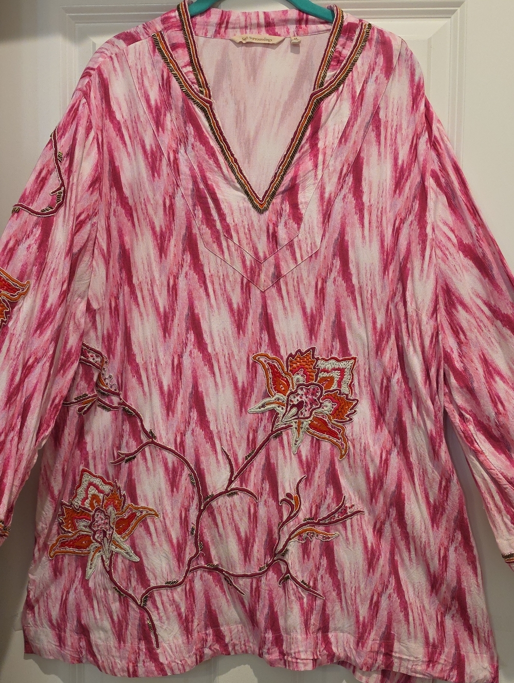 Soft Sirroundings Pink Ikat Embroidered Beaded Tunic Top 2x